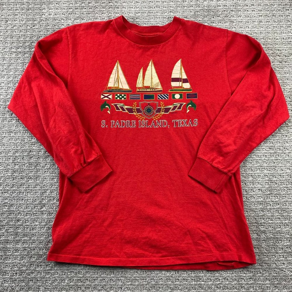 Vintage Belton Shirt Men Large L Red S. Padre Island Texas Sailboats Dolphins